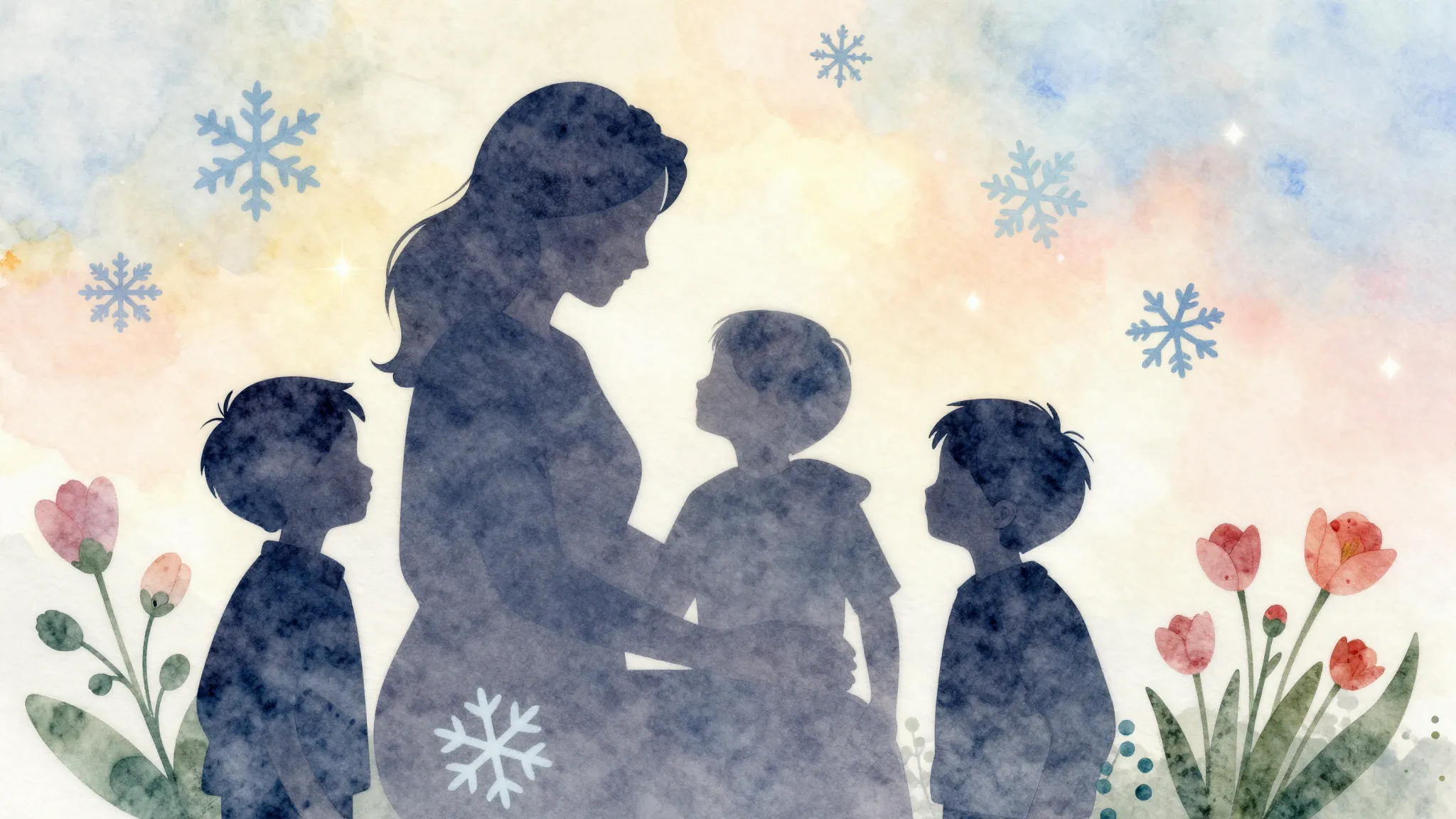 Watercolor style. A cozy family concept, silhouettes of a mo...