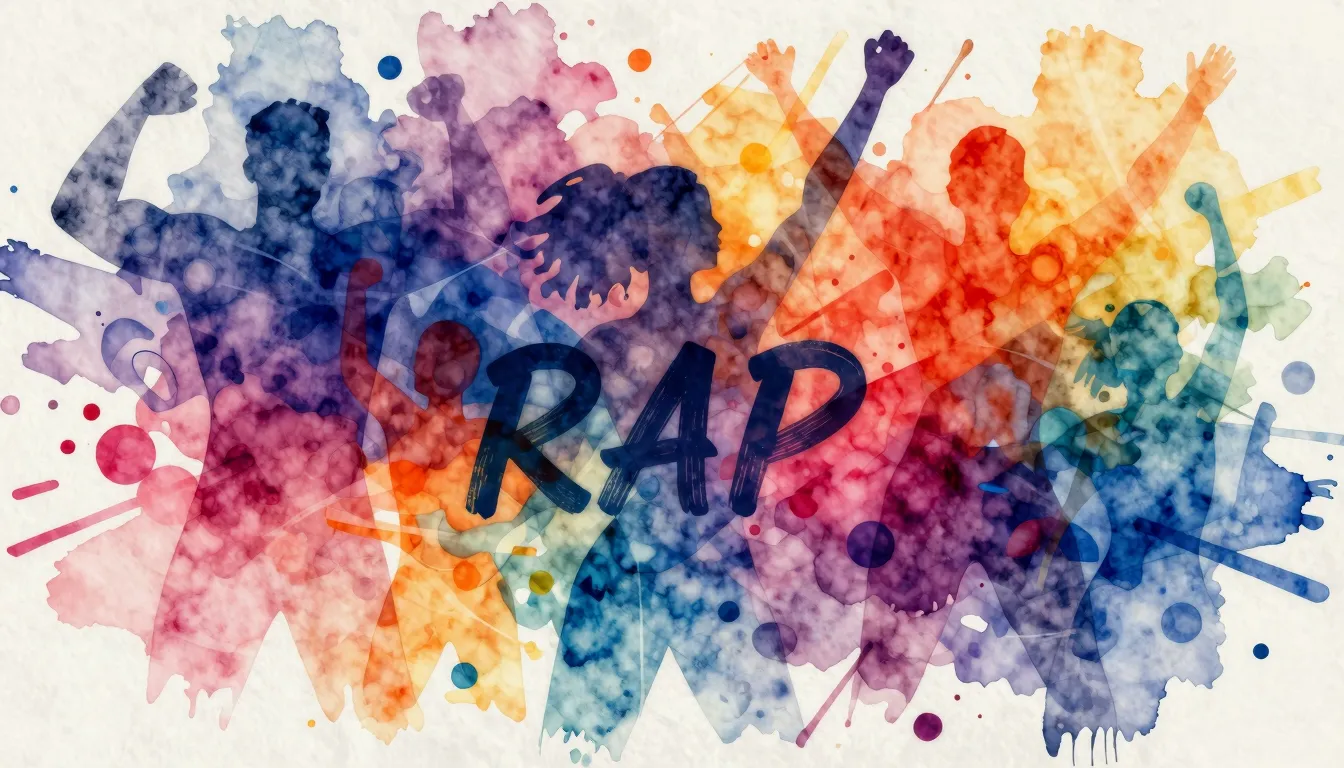 Vibrant watercolor style. Rap album cover: abstract, vibrant...