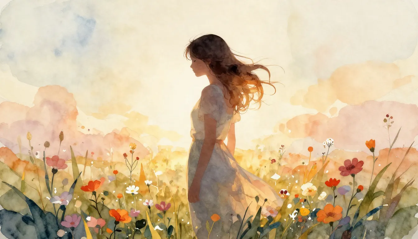 Watercolor style. Silhouette of a woman standing in a field ...
