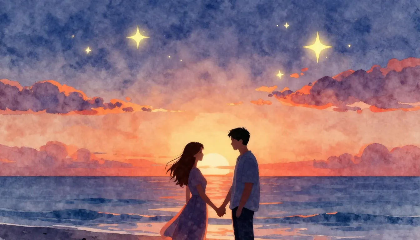 Watercolor style. A romantic sunset over the ocean, glowing ...