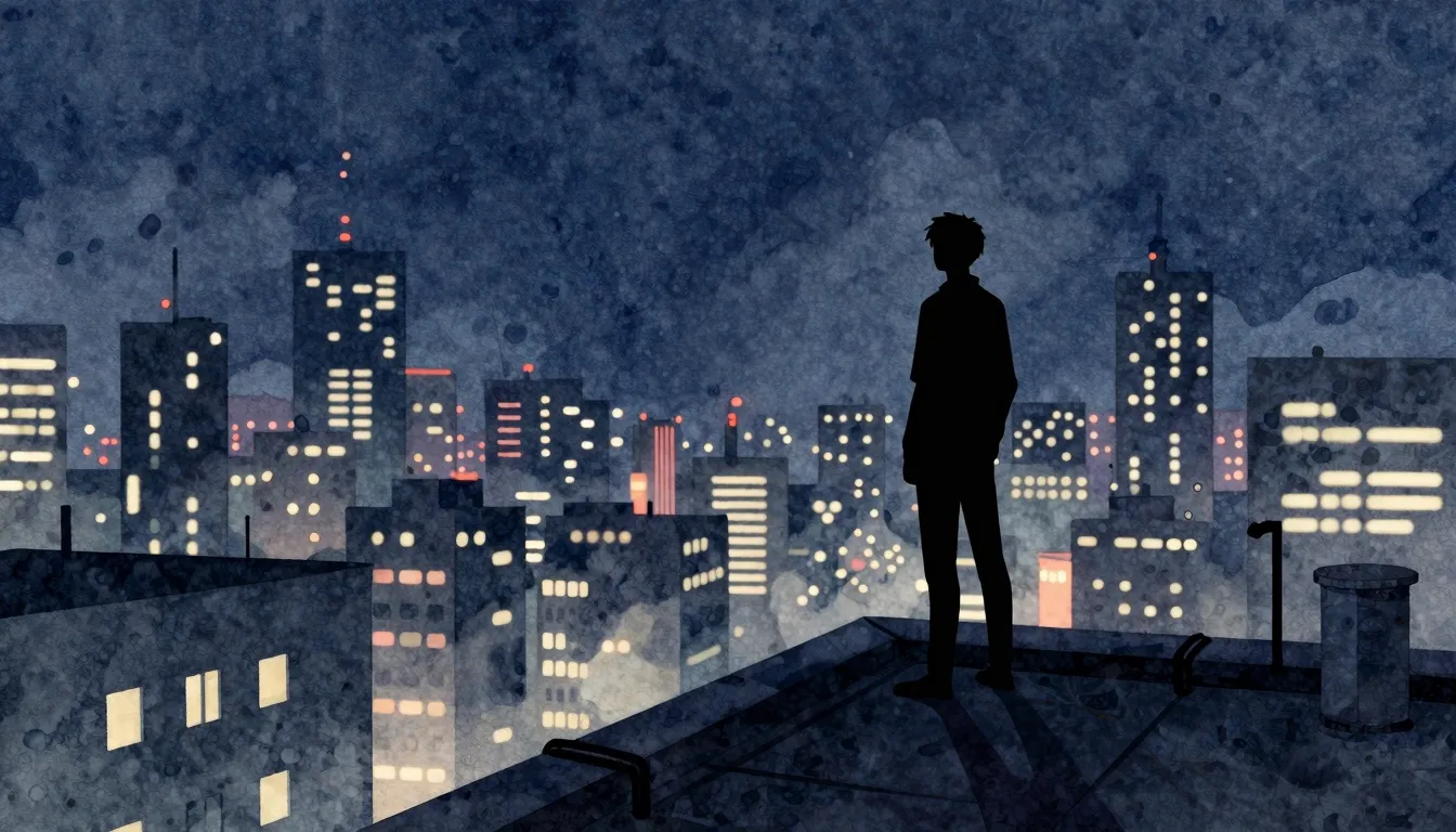 Watercolor style. A lone silhouette stands on a city rooftop...