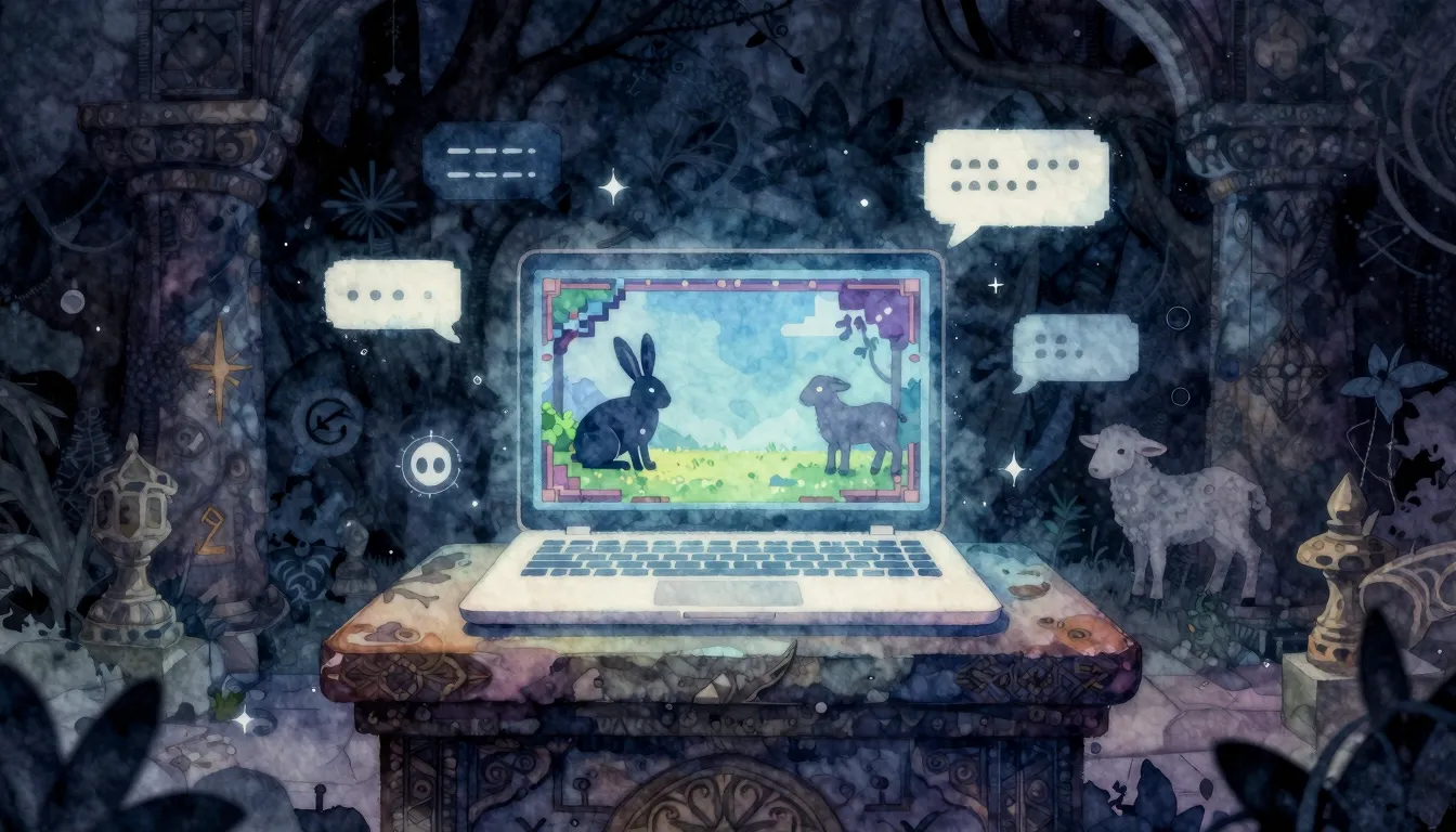 Watercolor style. A mystical scene with a glowing laptop on ...