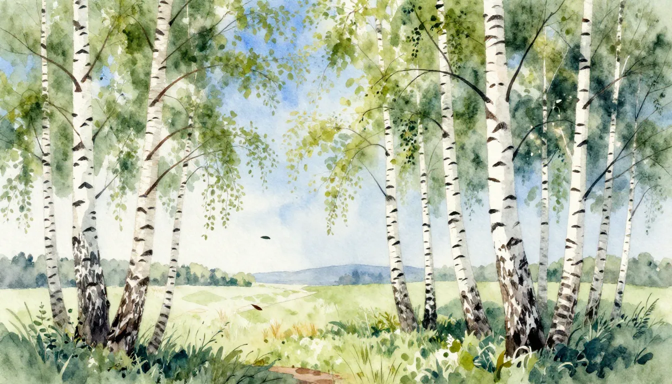 Watercolor style. A serene Russian landscape, white birch tr...