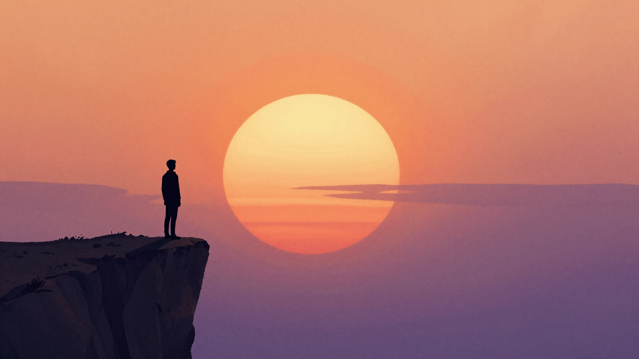 Watercolor style. A dark silhouette of a person standing on ...