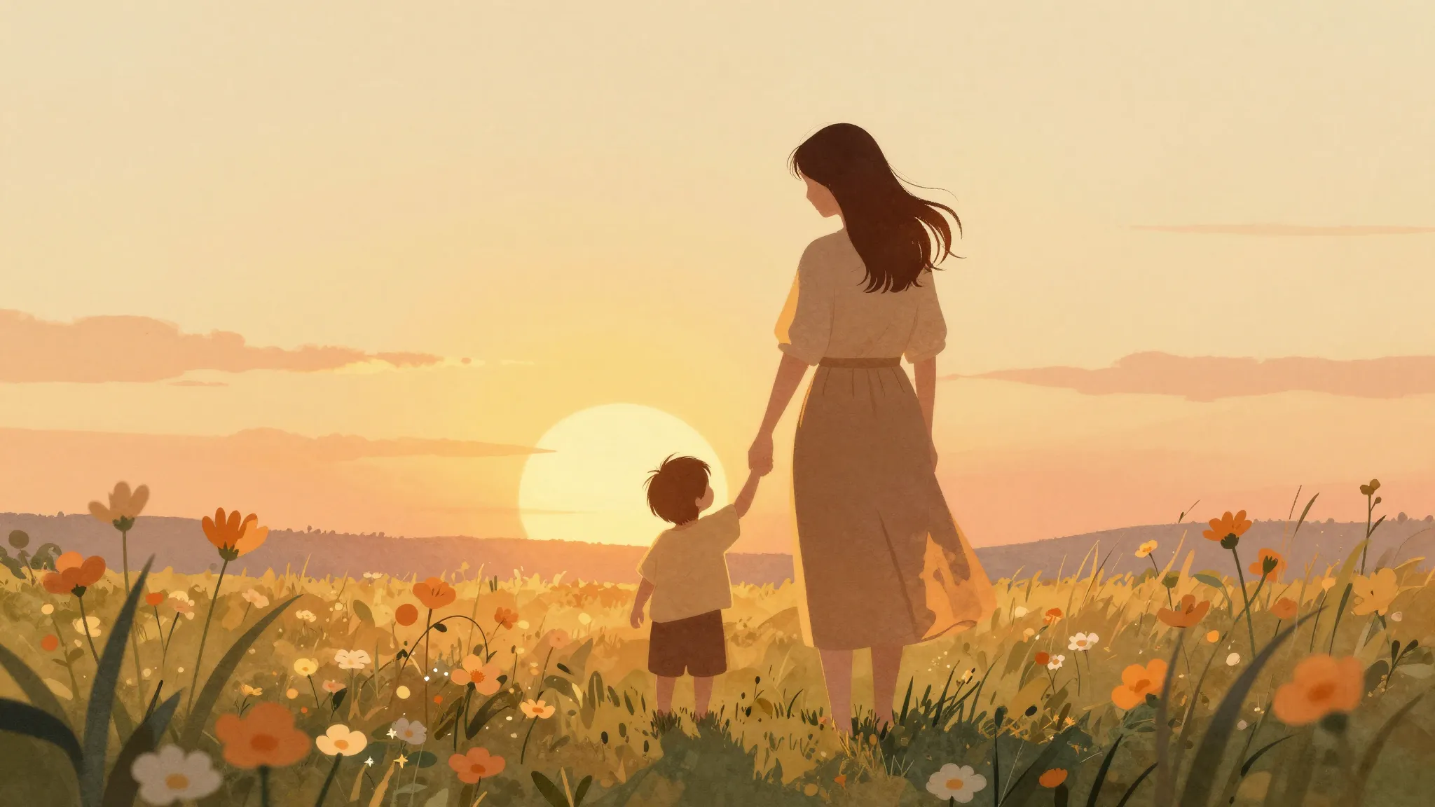 Watercolor style. Warm silhouette of a mother and a small ch...