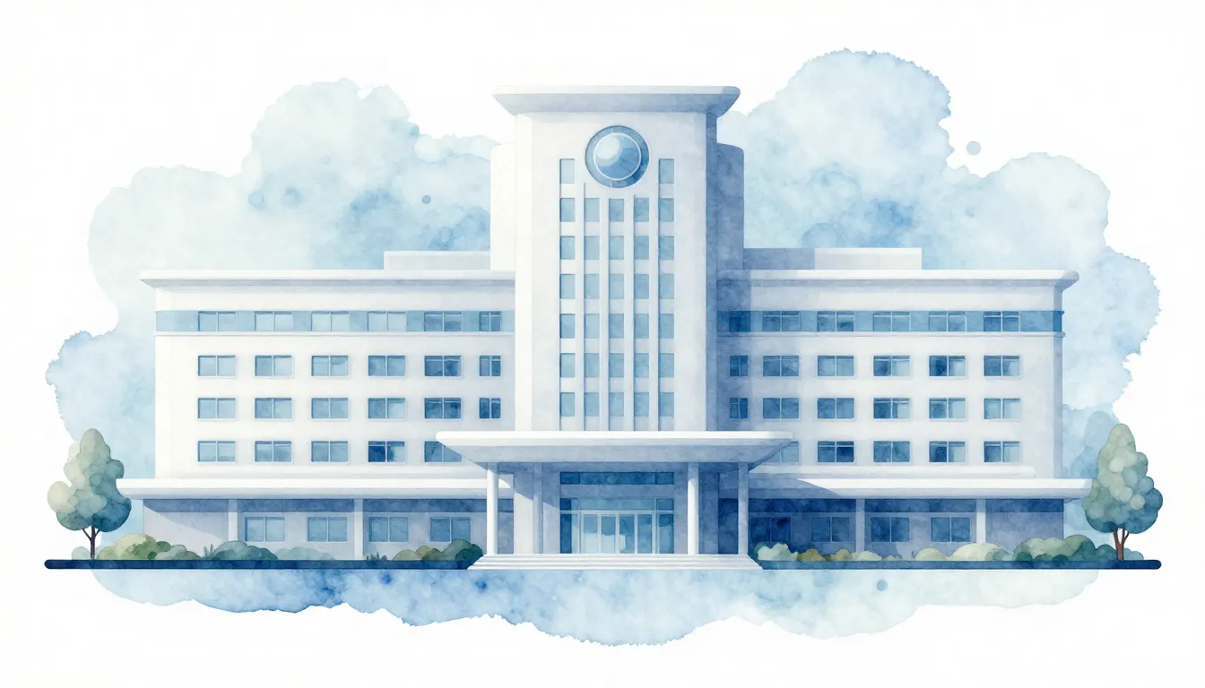 Watercolor style. A modern hospital building silhouette with...