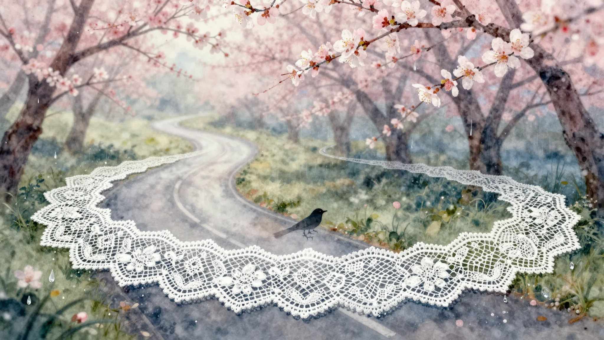 Watercolor style. A delicate lace pattern forming a winding ...