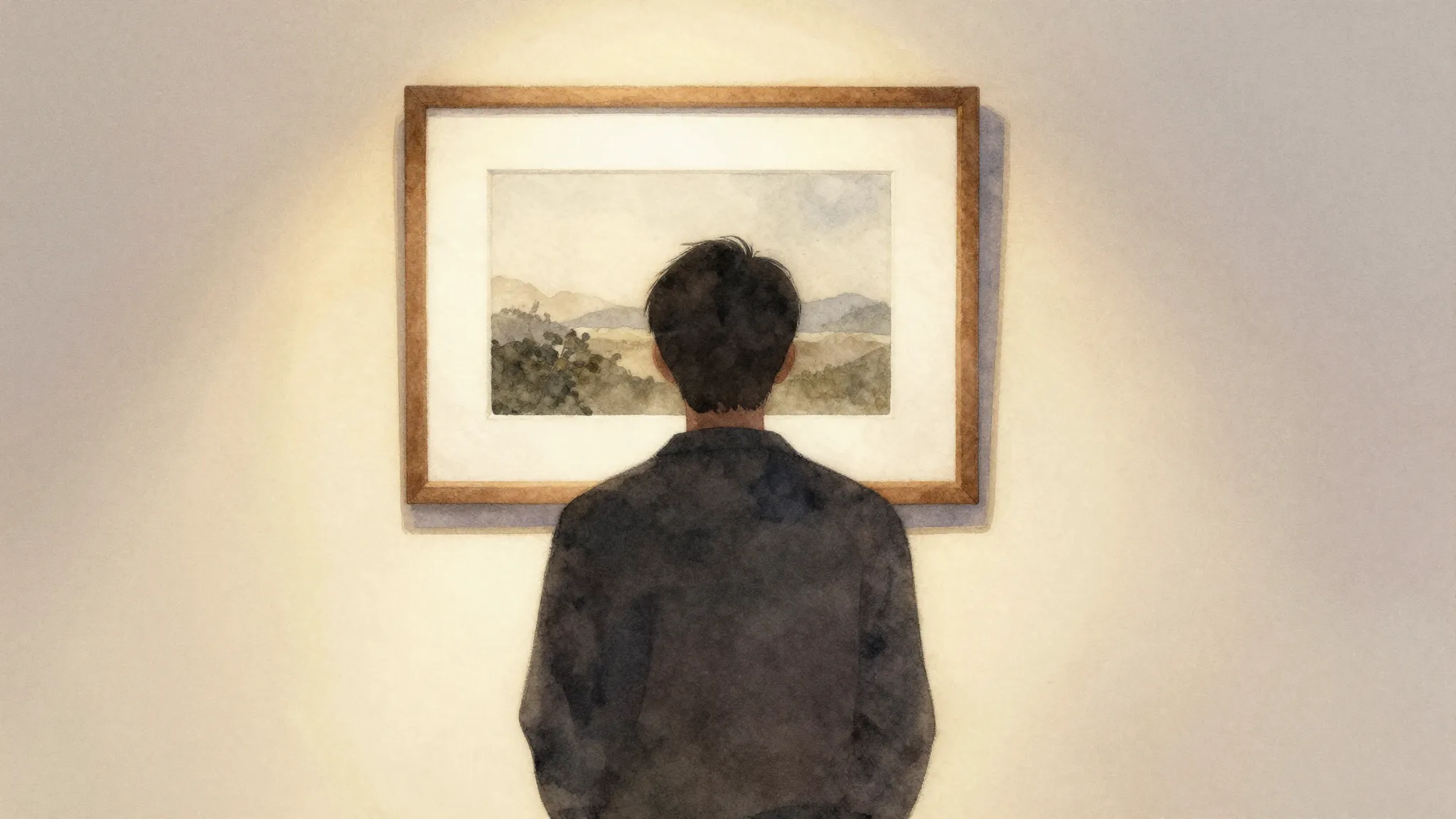 Watercolor style. A silhouette of a person standing before a...