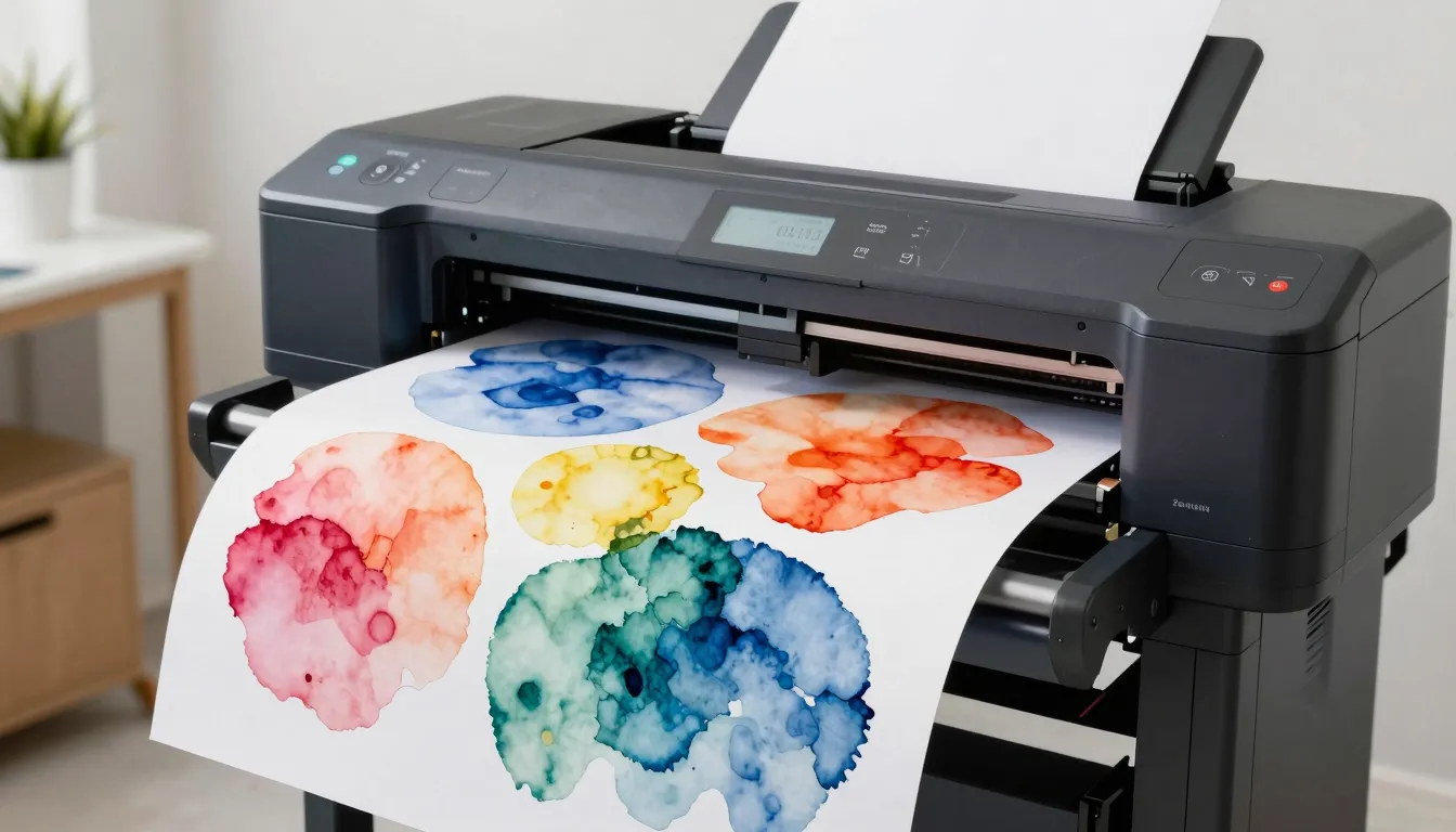 Watercolor style. A modern large-format printer producing a ...