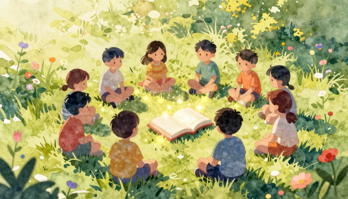 Watercolor style. A cozy outdoor scene with silhouettes of k...