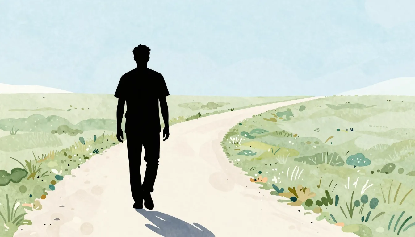 Watercolor style. Silhouette of a man walking freely along a...