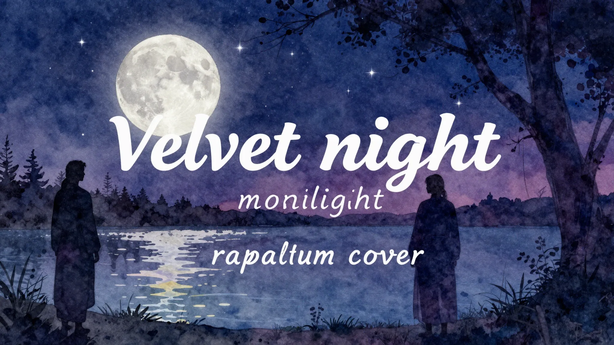 Vibrant watercolor style. "Velvet night, moonlight robe, sta...