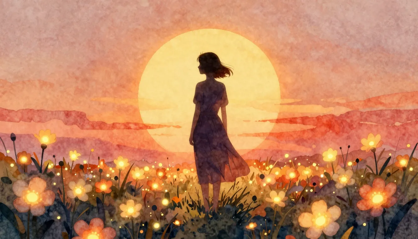 Watercolor style. A silhouette of a woman standing in a fiel...