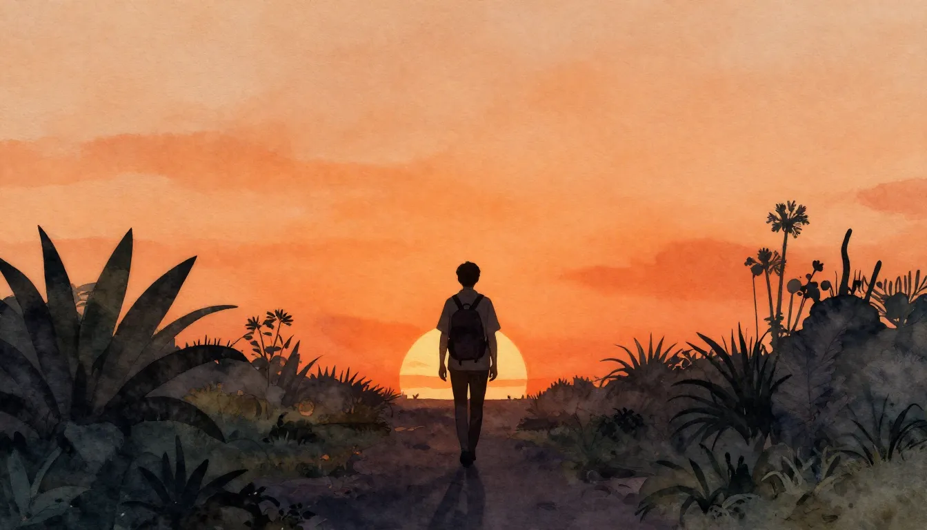 Watercolor style. A dark silhouette of a lonely traveler wal...