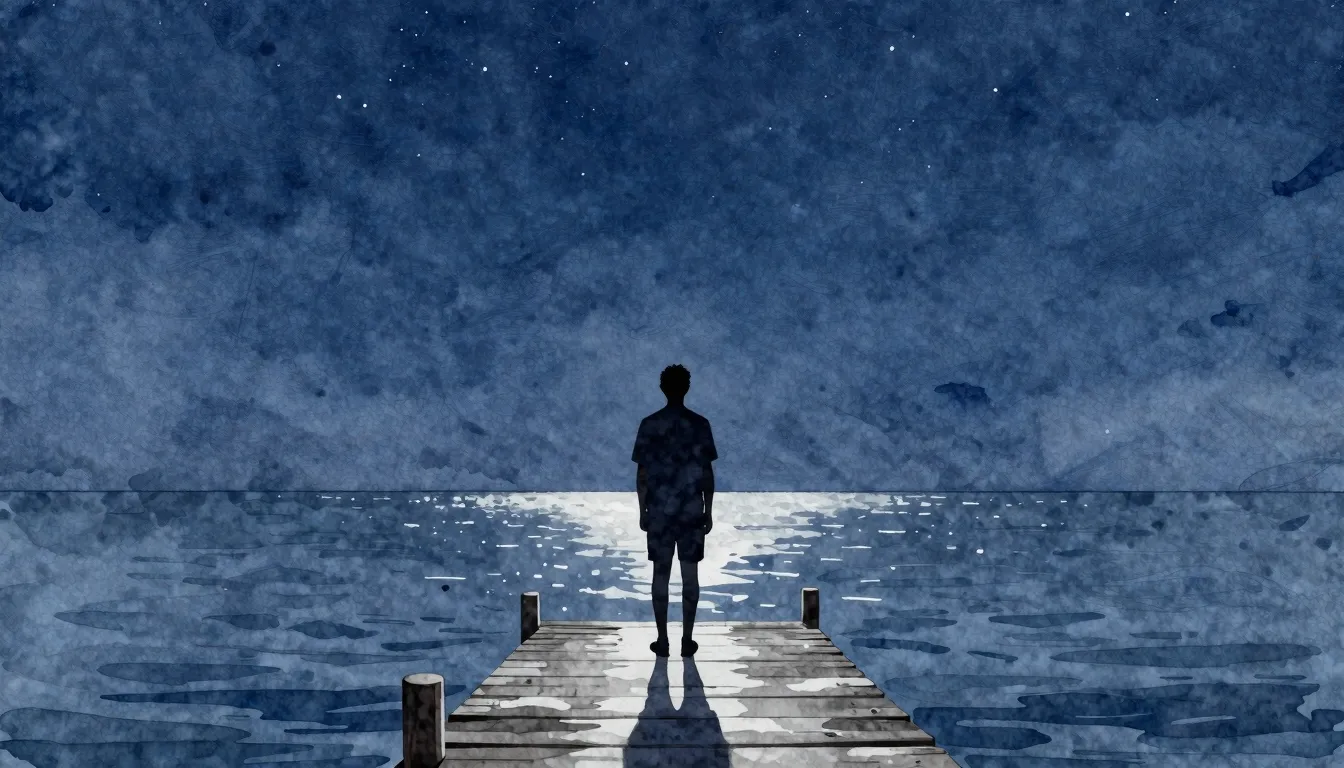 Watercolor style. A silhouette of a person standing on a woo...