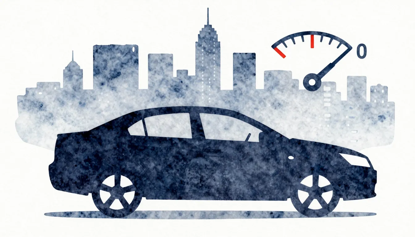 Watercolor style. Silhouette of a car standing still near a ...