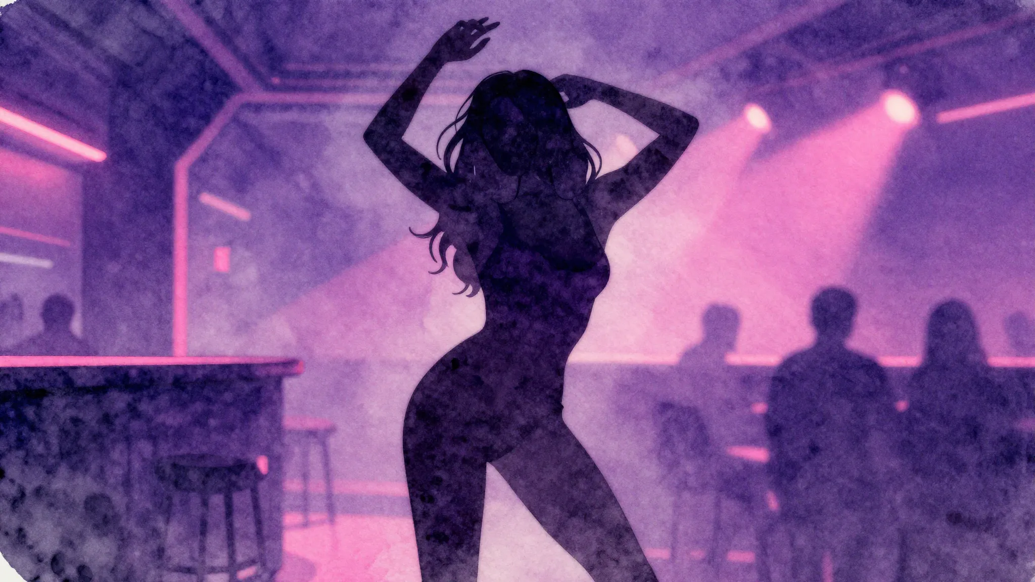 Watercolor style. Silhouette of a curvy woman dancing in a n...