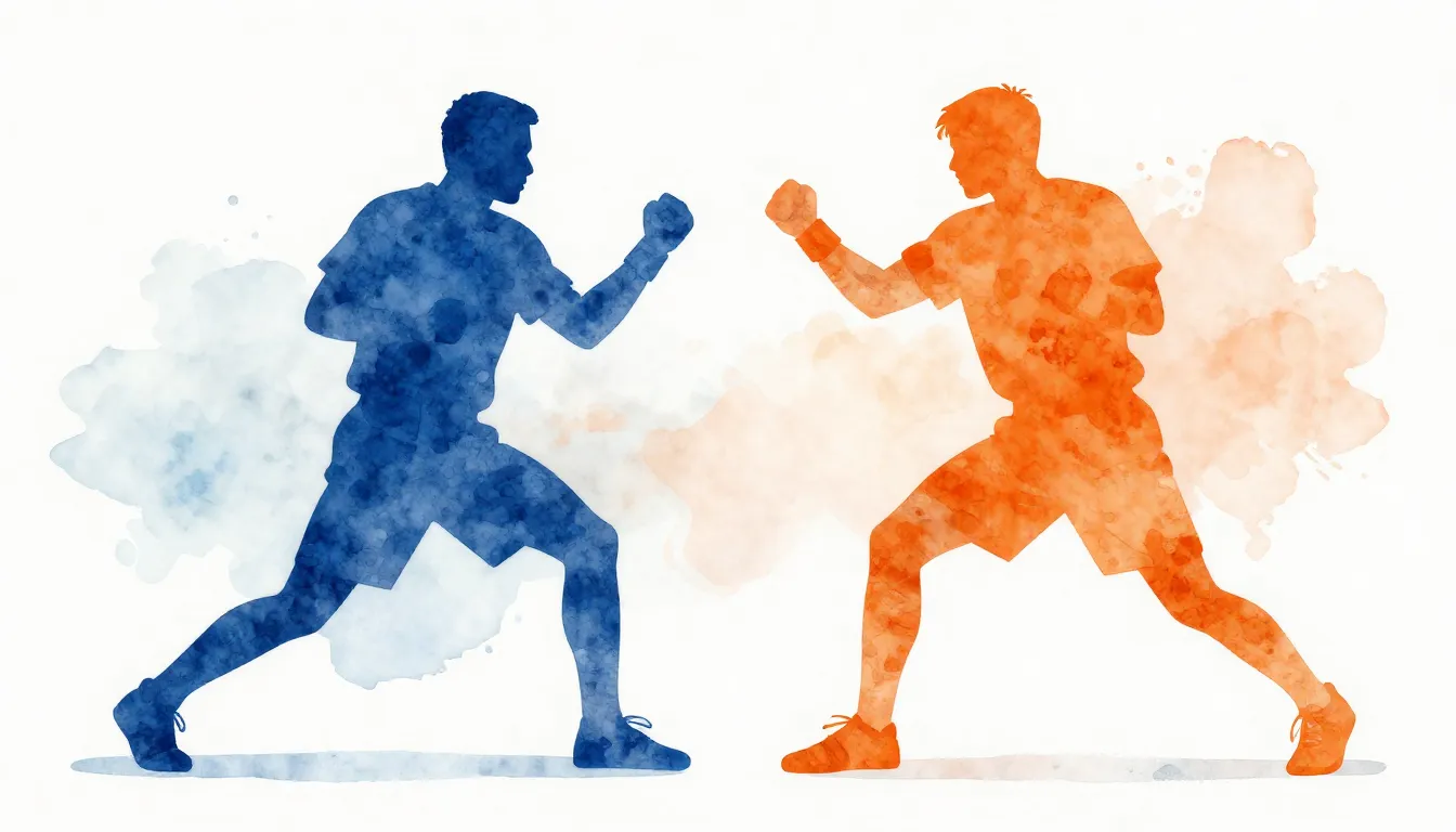 Watercolor style. Stylized silhouette of two athletes sparri...