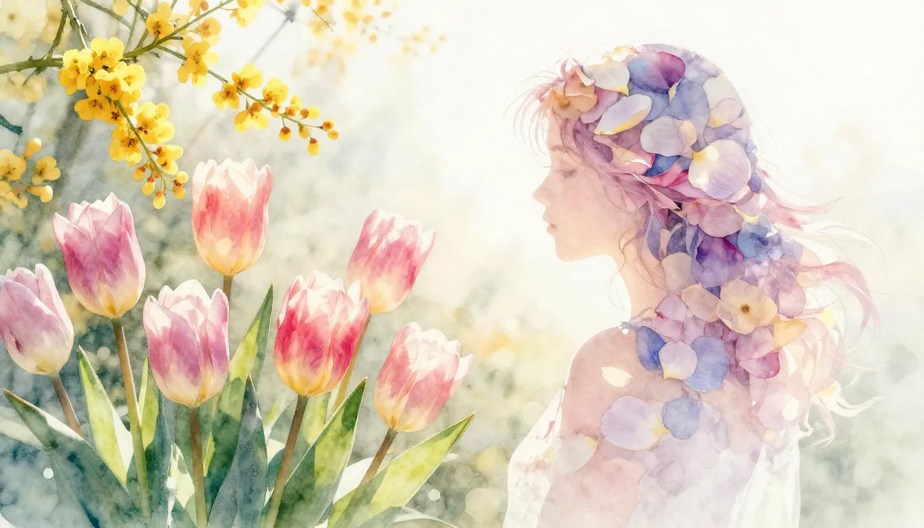 Watercolor style. Spring flowers, tulips and mimosas, bright...
