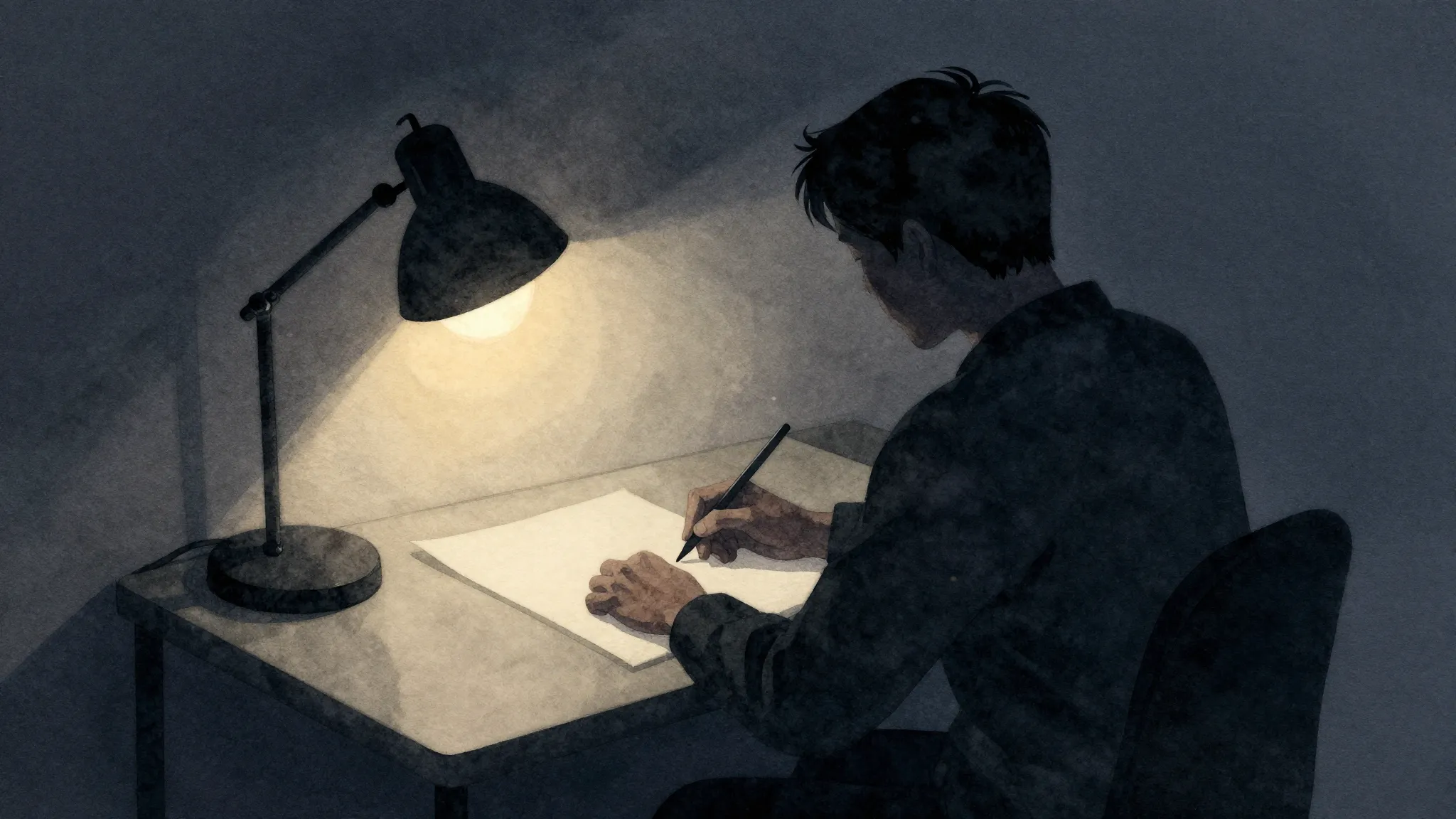 Watercolor style. Silhouette of a writer sitting at a desk w...