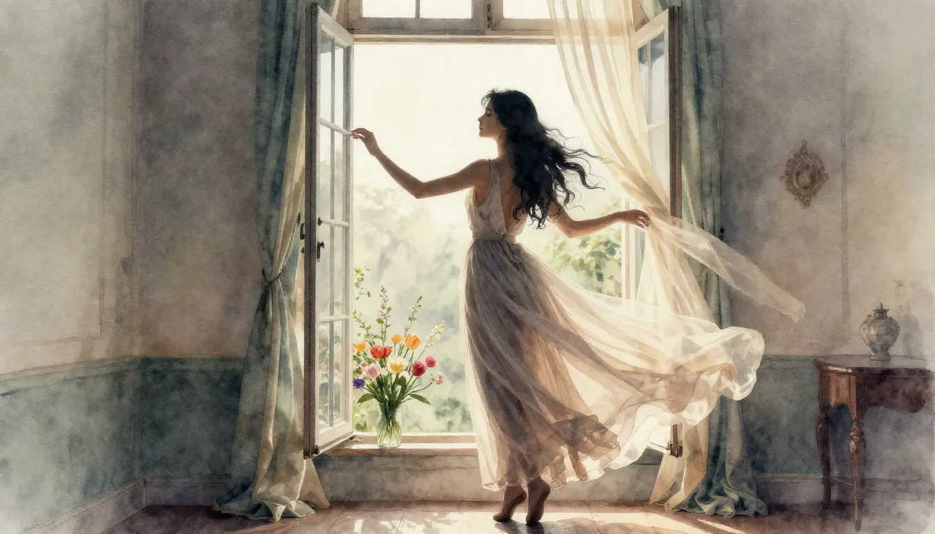 Watercolor style. Silhouette of a graceful woman in a long d...