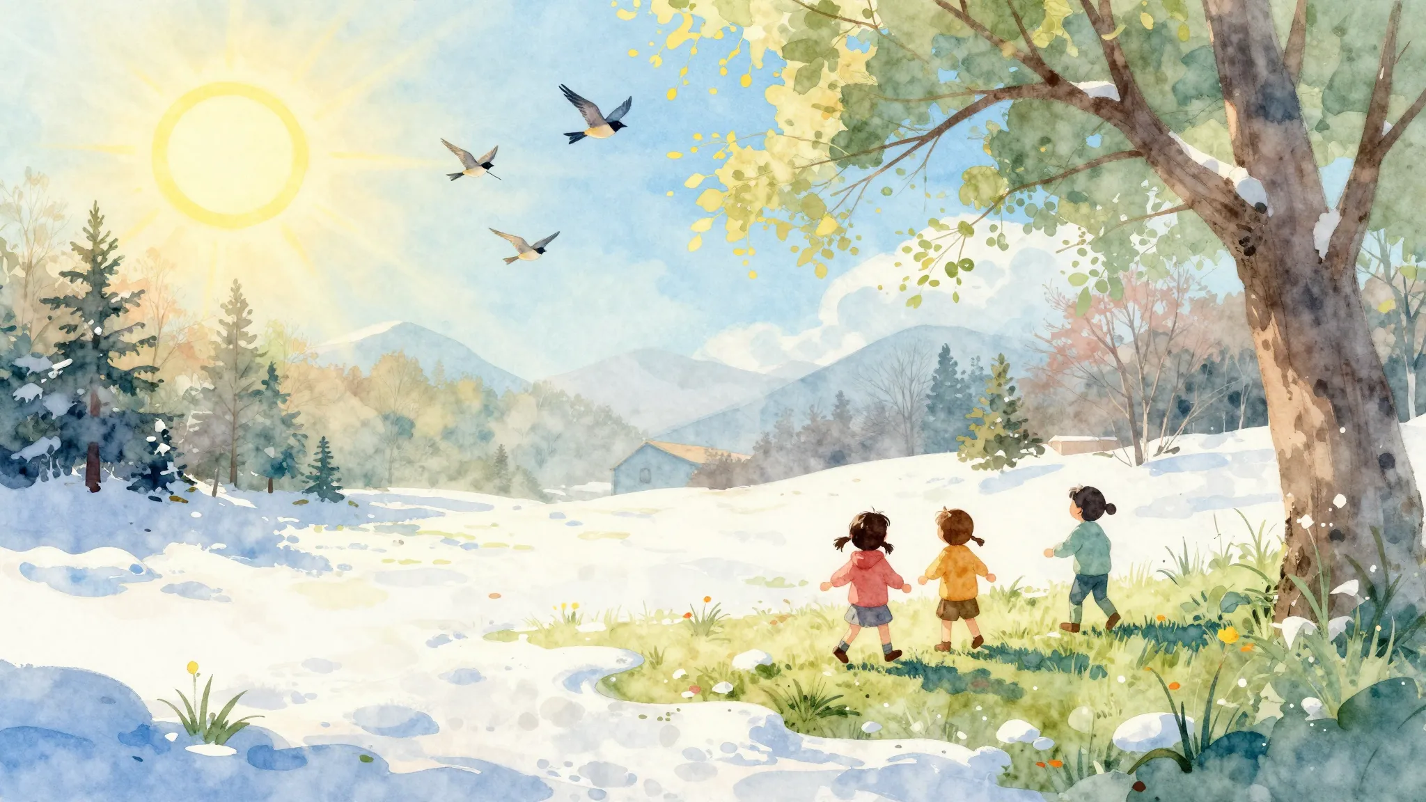 Vibrant watercolor style. Bright, joyful spring day album co...