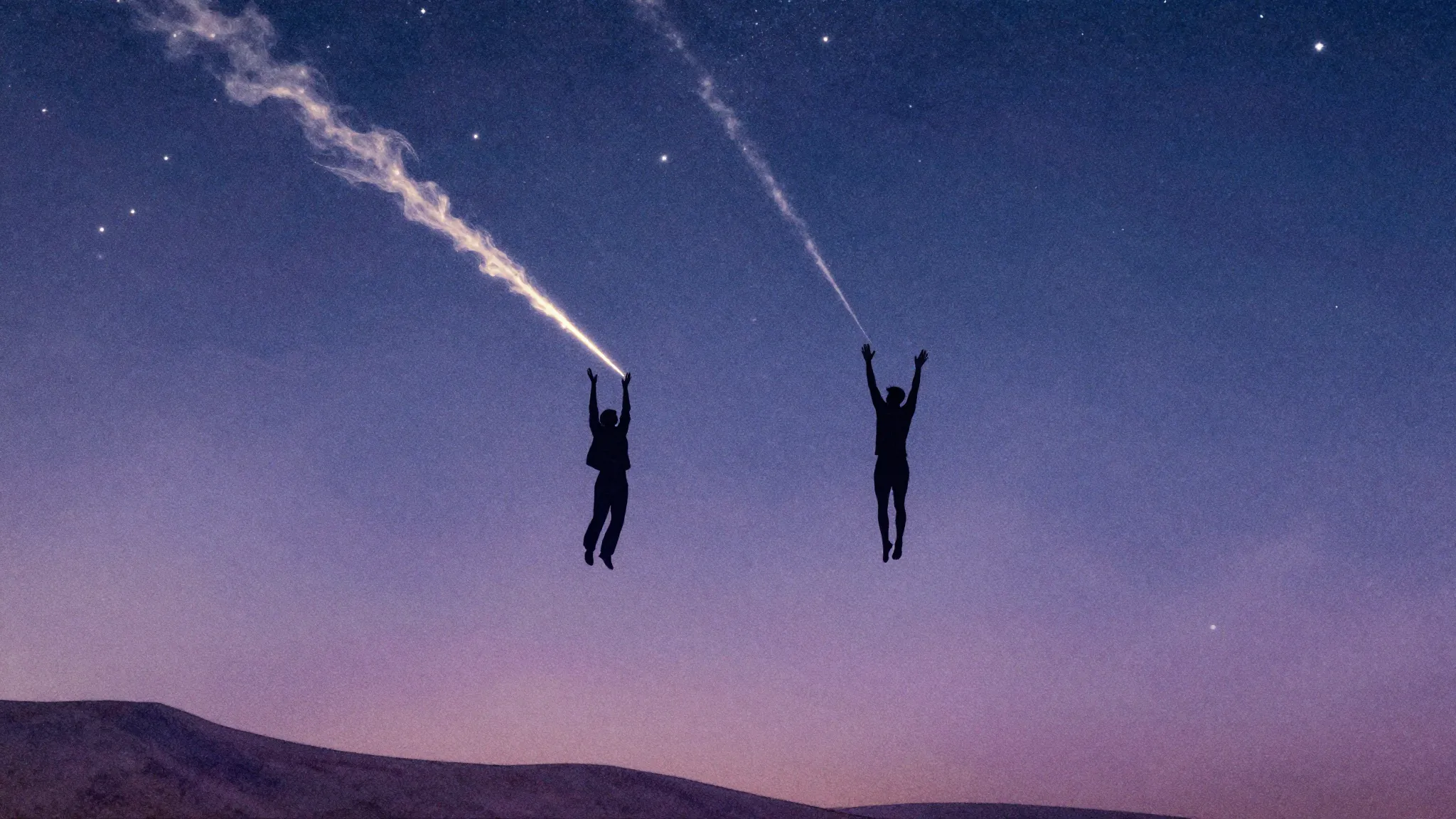 Watercolor style. Two dark silhouettes falling upwards into ...