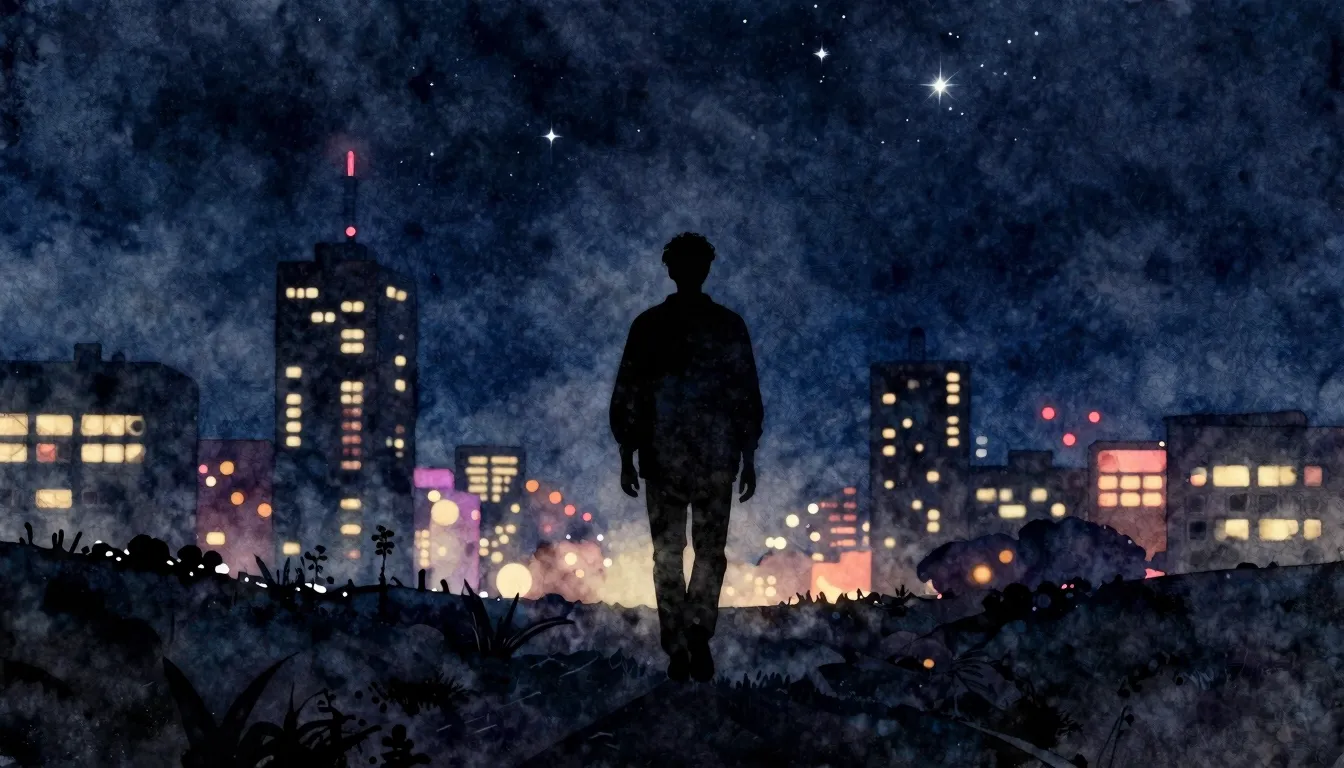 Watercolor style. A silhouette of a person walking away from...
