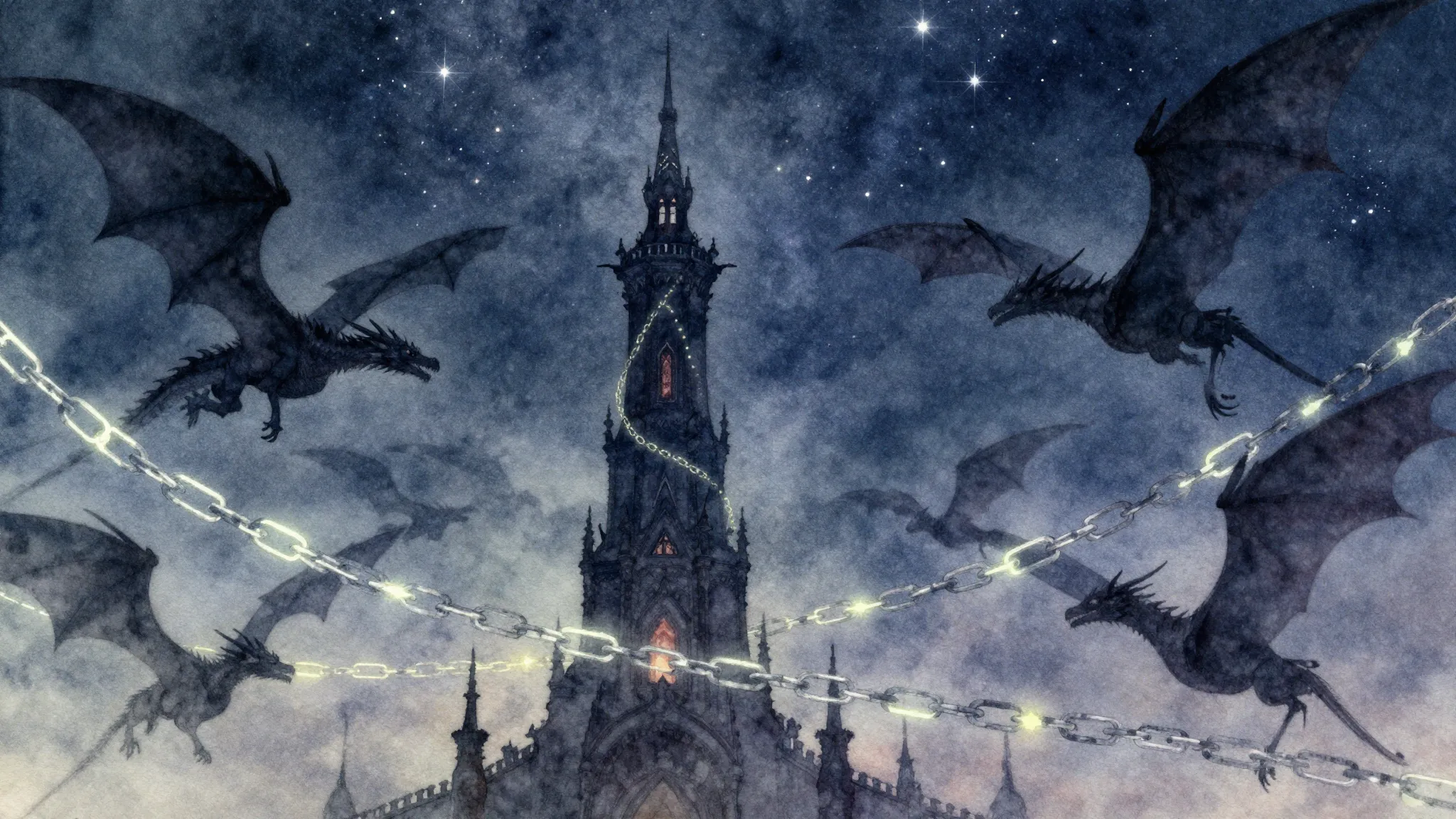 Watercolor style. A tall dark tower reaching into a starry s...