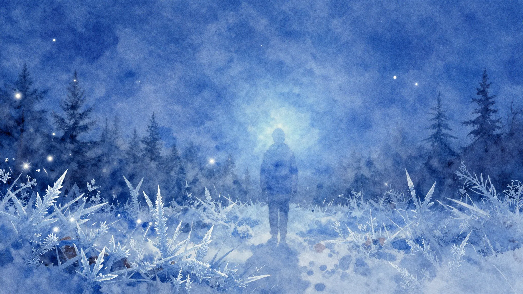 Vibrant watercolor style. Indie album cover: frosty night, s...