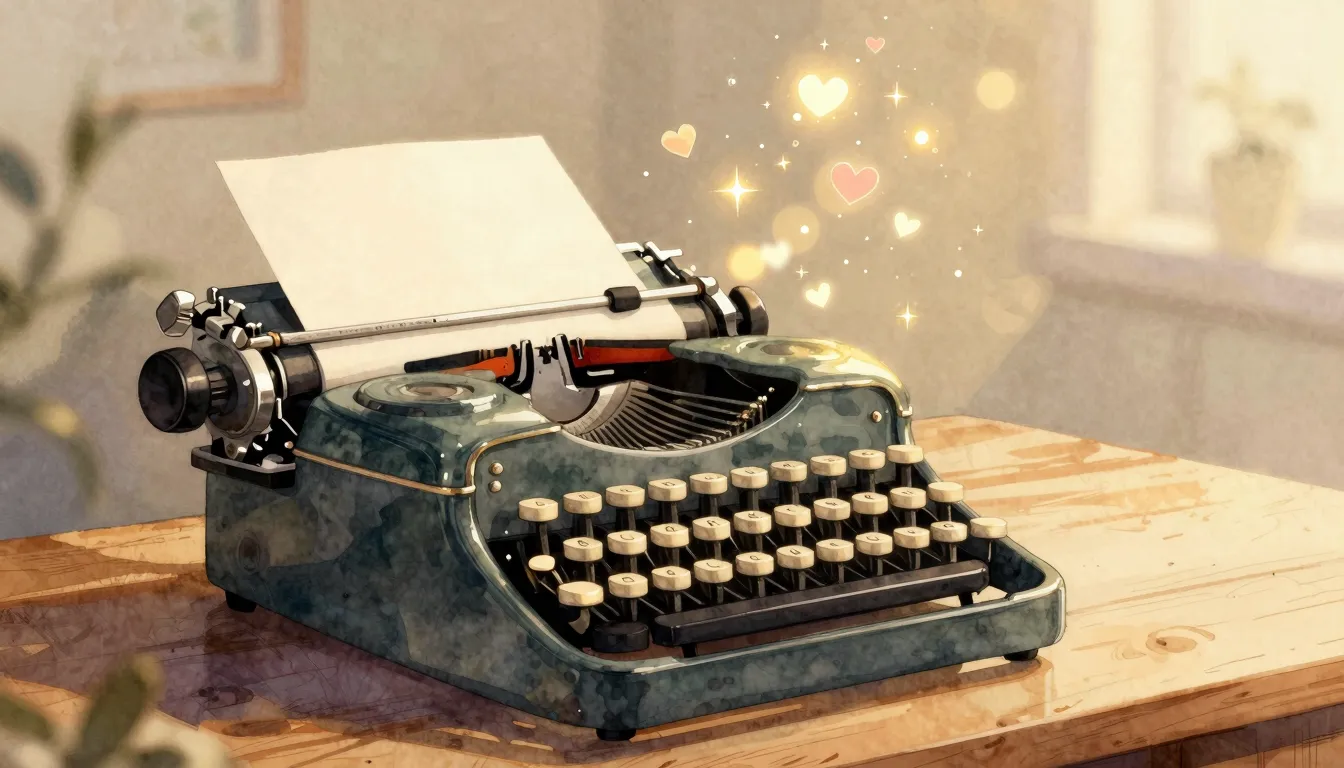 Watercolor style. A cozy vintage typewriter on a wooden desk...