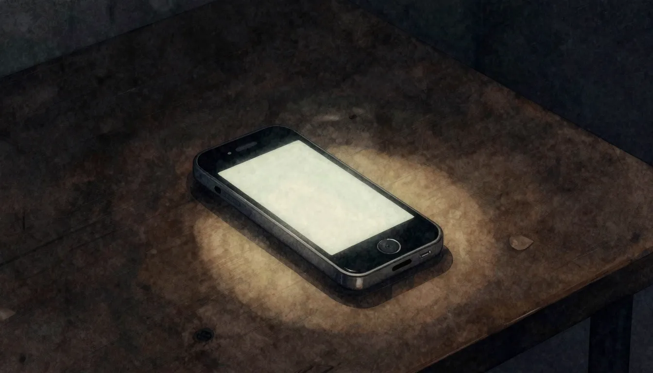 Watercolor style. A lonely phone on a dark table illuminated...