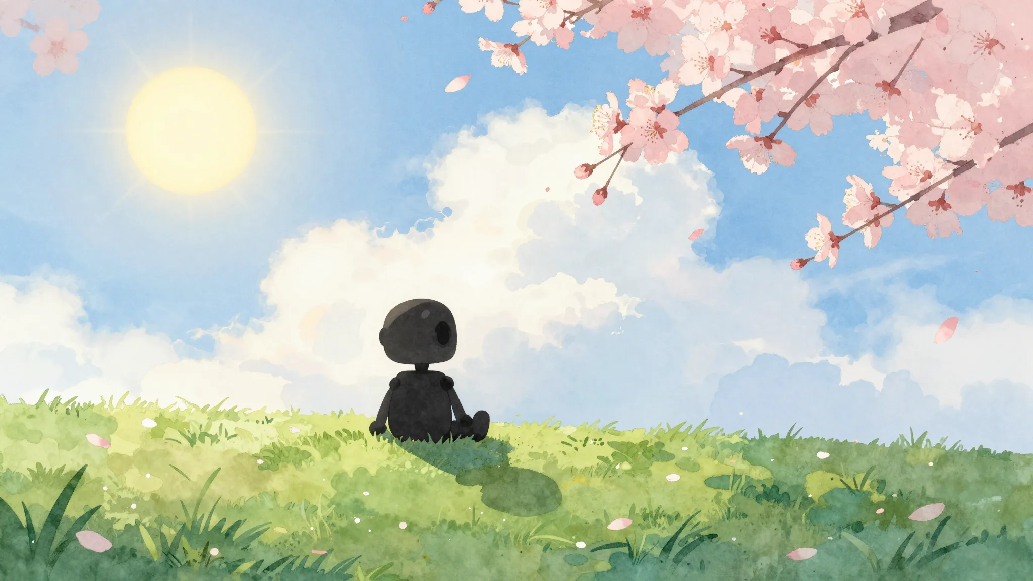 Watercolor style. Silhouette of a small robot sitting on a g...