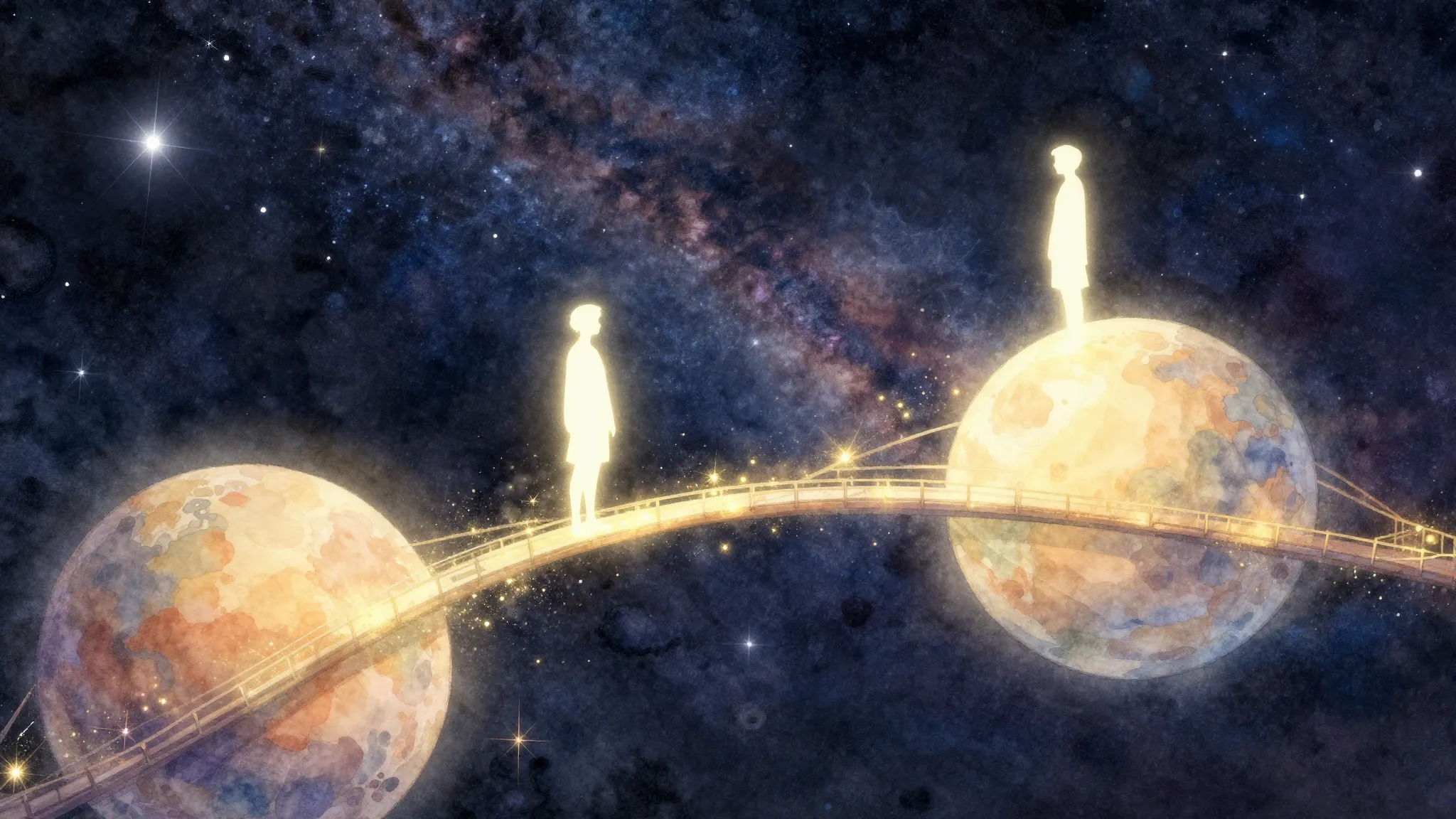 Watercolor style. Two glowing silhouettes standing on differ...