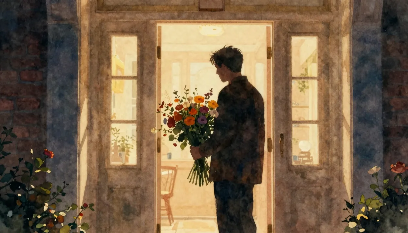 Watercolor style. Silhouette of a man holding a large bouque...
