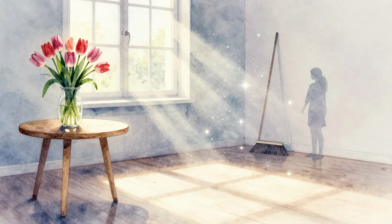 Watercolor style. Bright spring room, sparkling clean floor,...