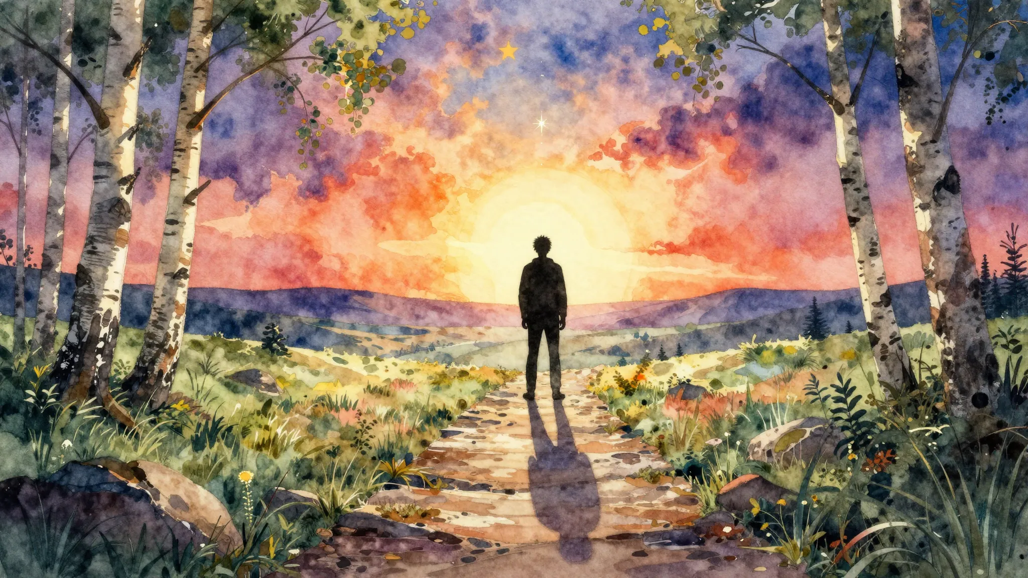 Vibrant watercolor style. Epic folk rock album cover. A lone...