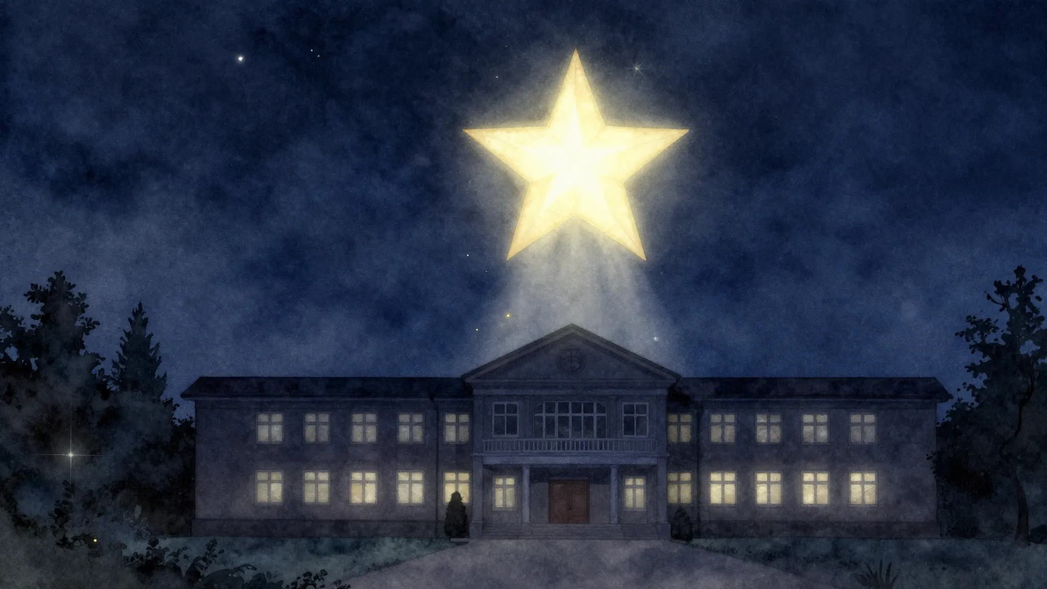 Watercolor style. A glowing star in the dark night sky shini...