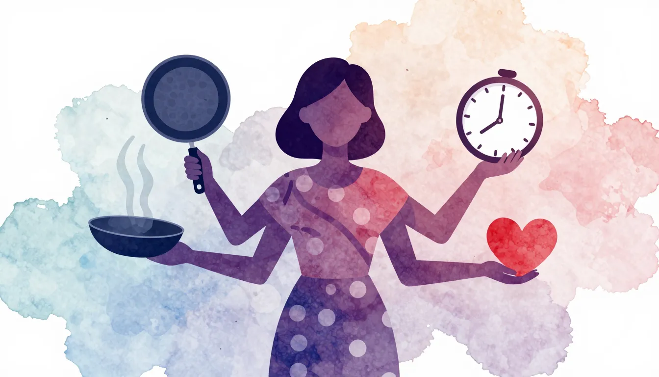 Watercolor style. Silhouette of a woman with many arms holdi...