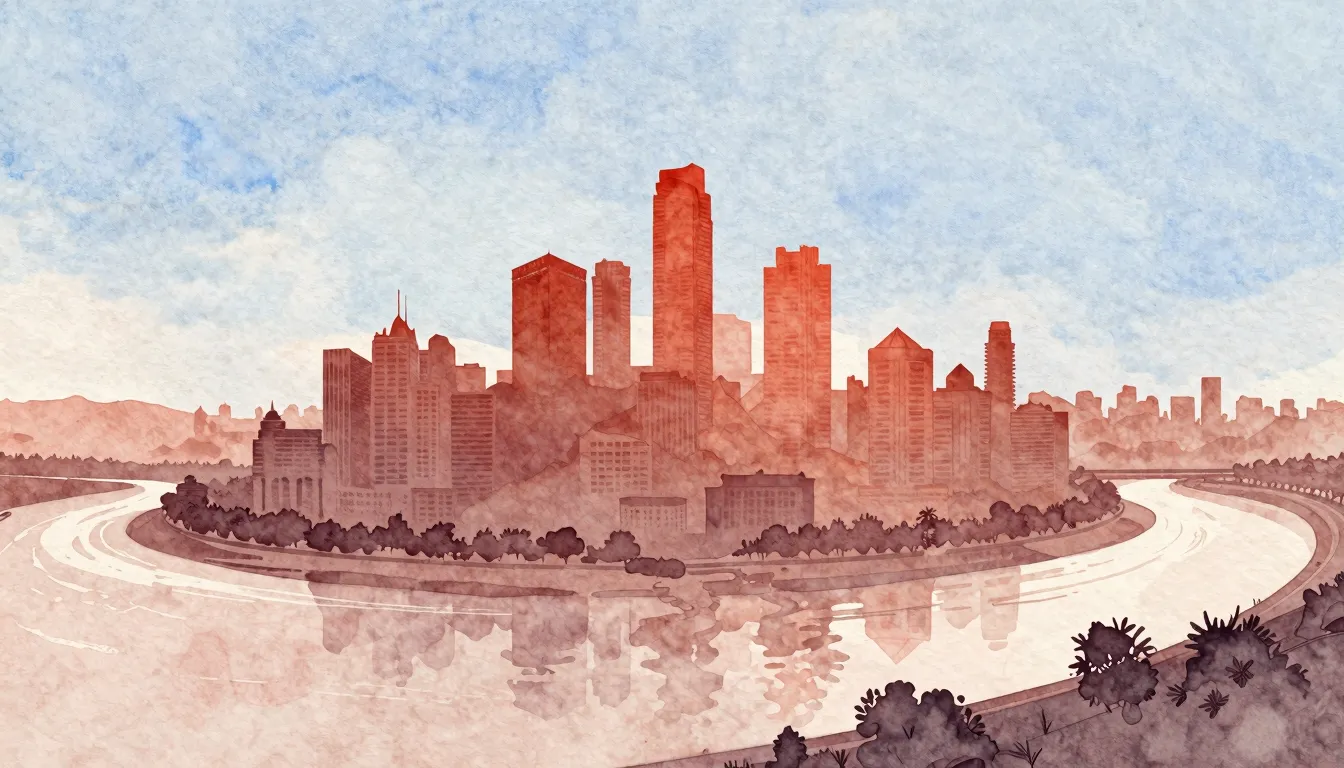 Watercolor style. A silhouette of a city skyline on hills, e...