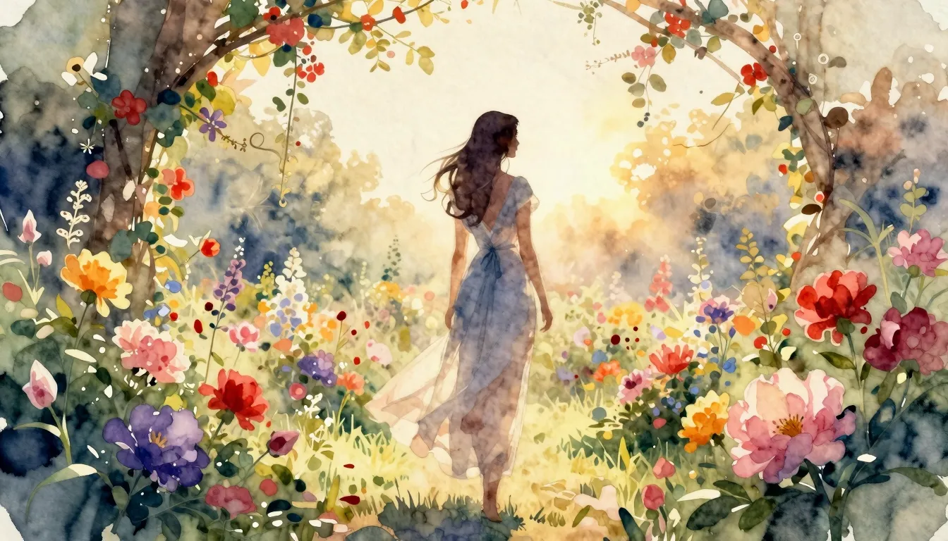 Watercolor style. Silhouette of a woman in a lush blooming g...