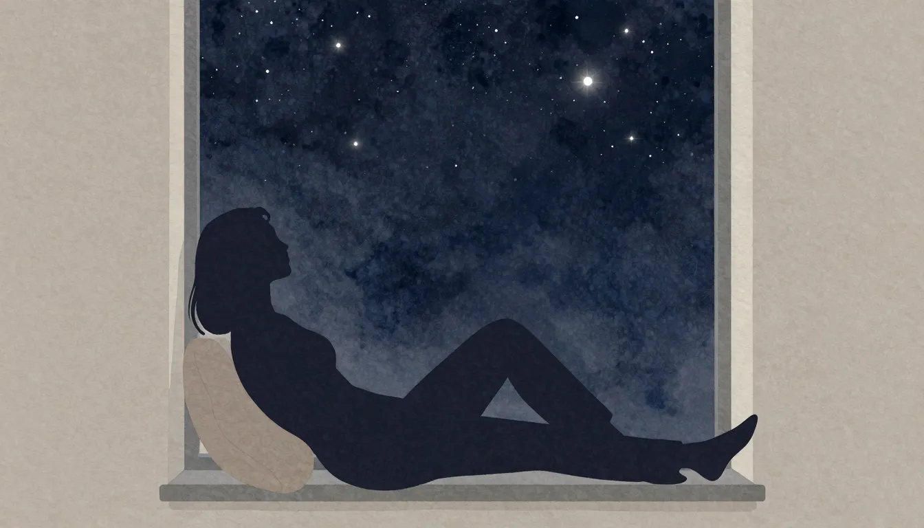 Watercolor style. Silhouette of a woman resting by a large w...