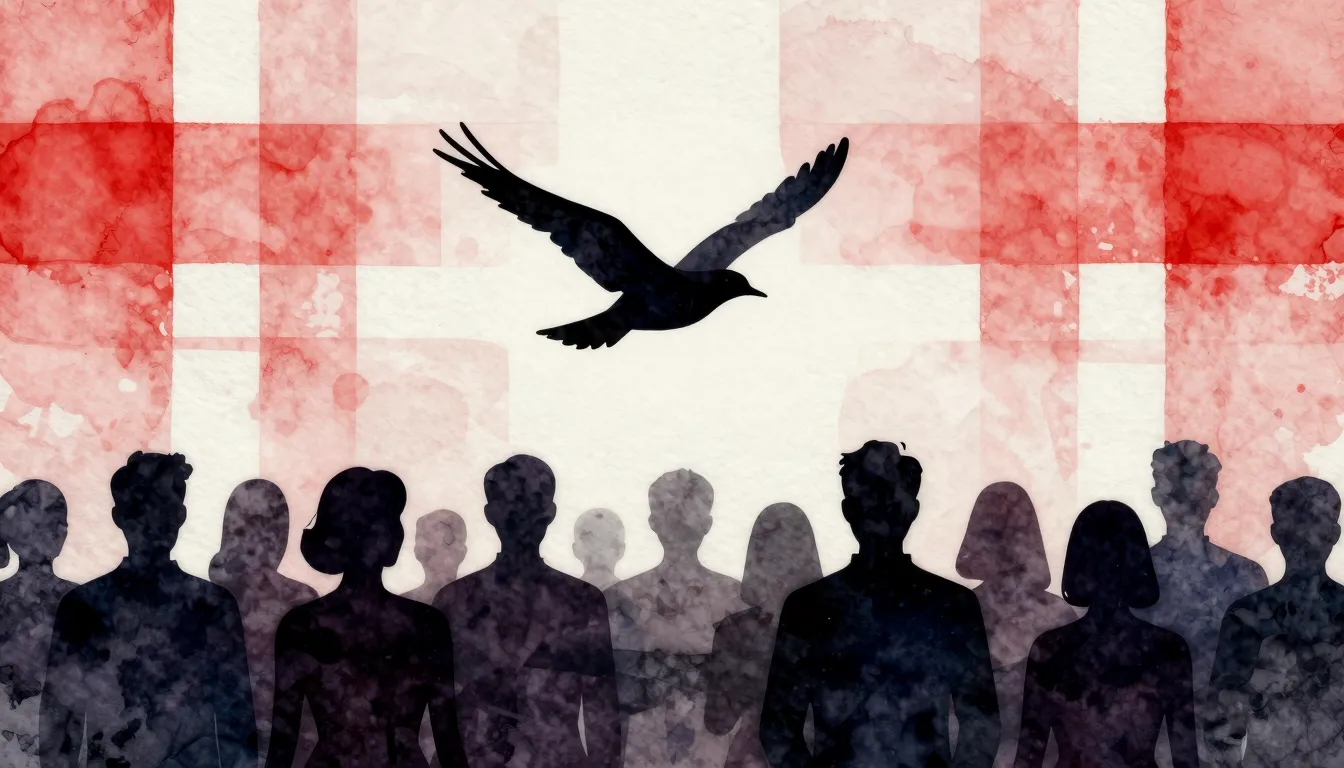 Watercolor style. Silhouette of a bird flying above a crowd ...