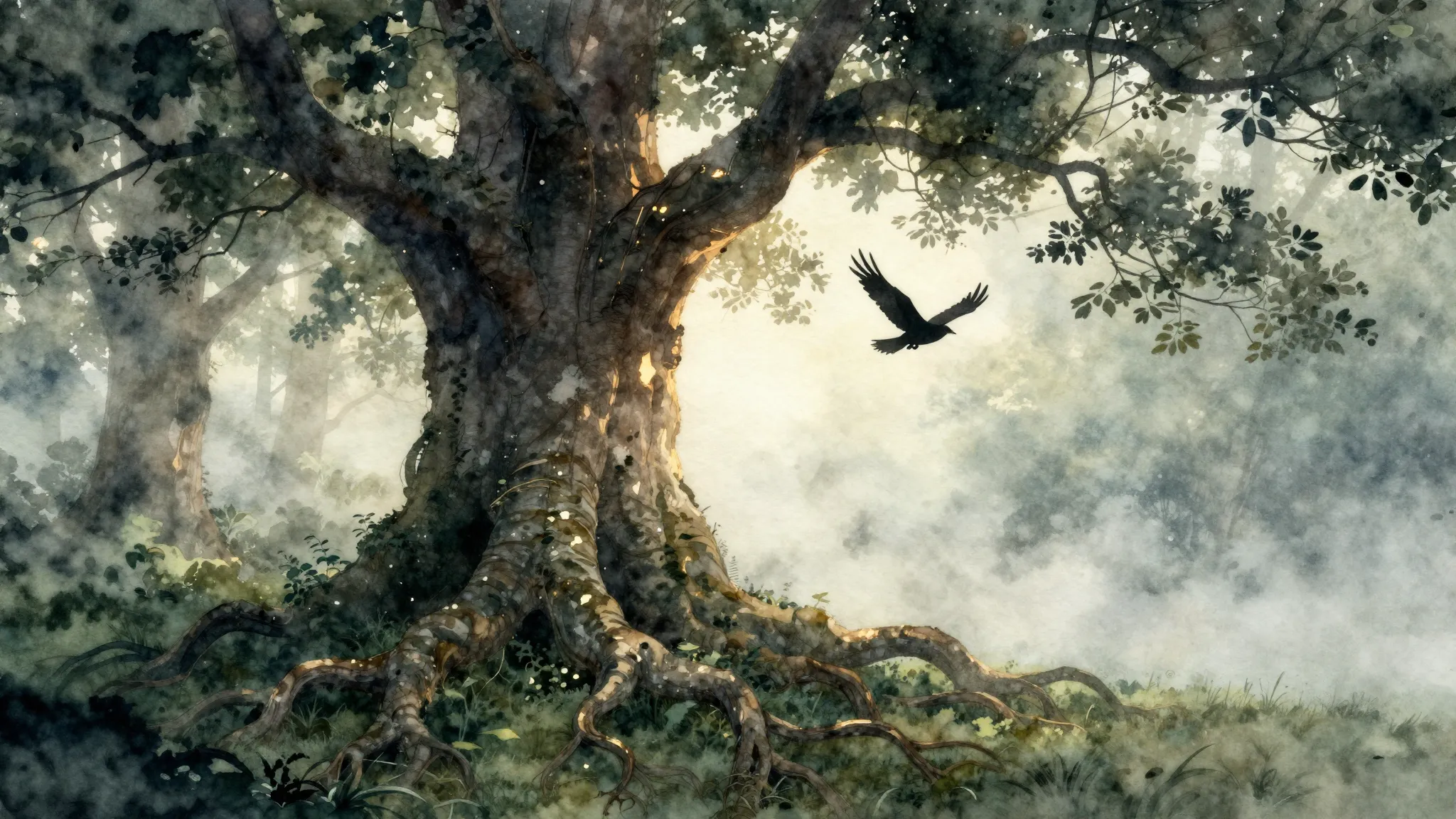 Watercolor style. A silhouette of a large ancient tree with ...