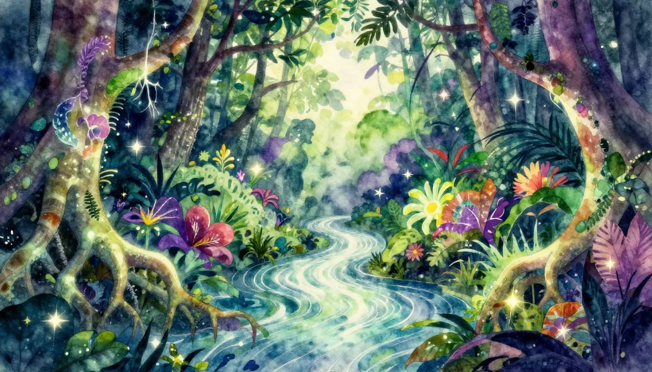 Vibrant watercolor style. Psychedelic indie album cover, mys...