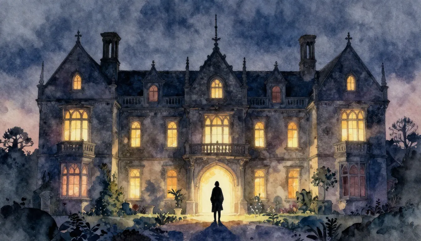 Watercolor style. A large, mysterious old manor house at twi...