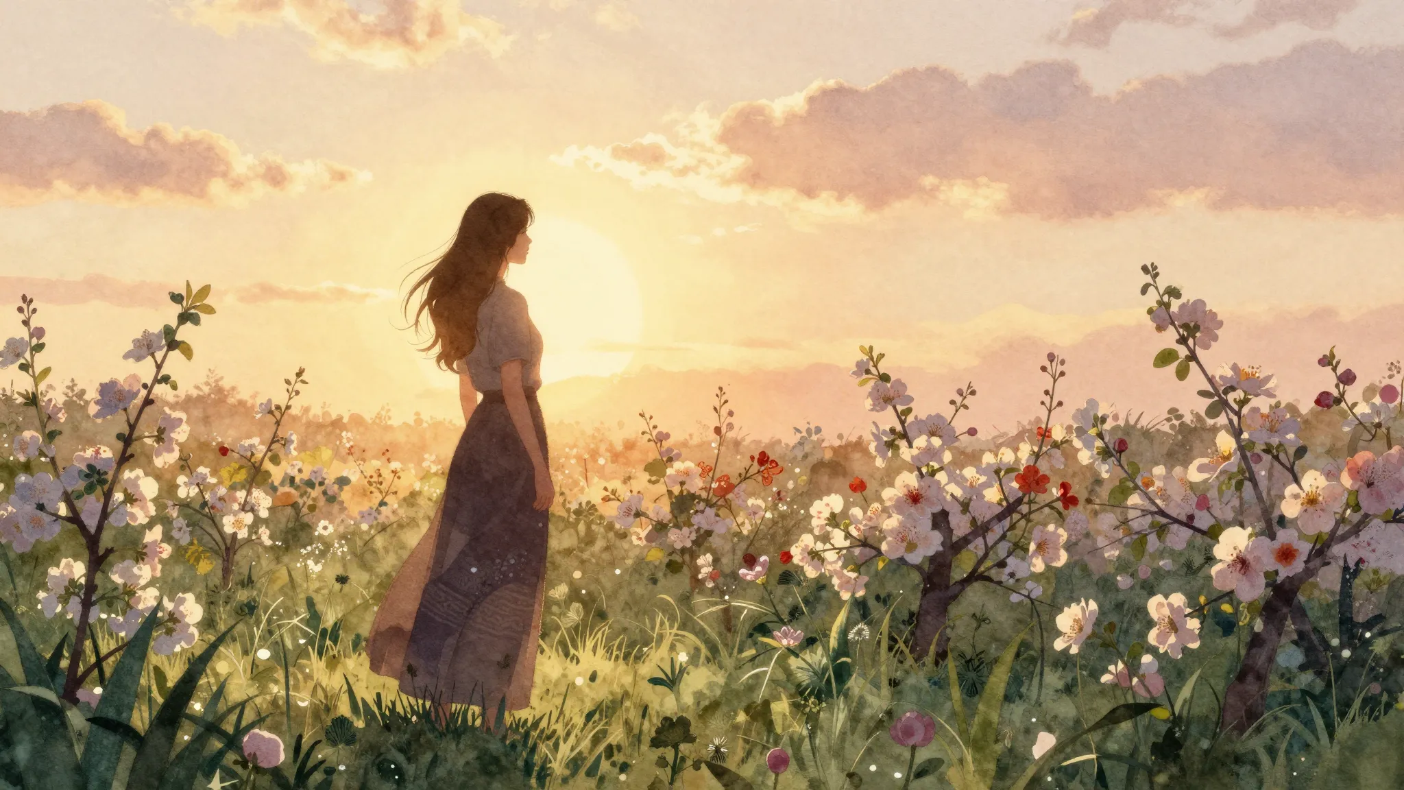 Watercolor style. A warm silhouette of a woman standing in a...