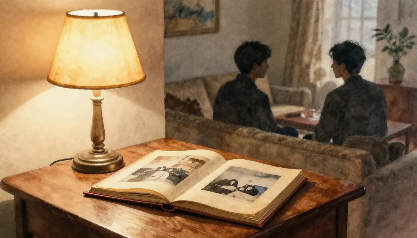 Watercolor style. A cozy living room with a warm lamp, an ol...