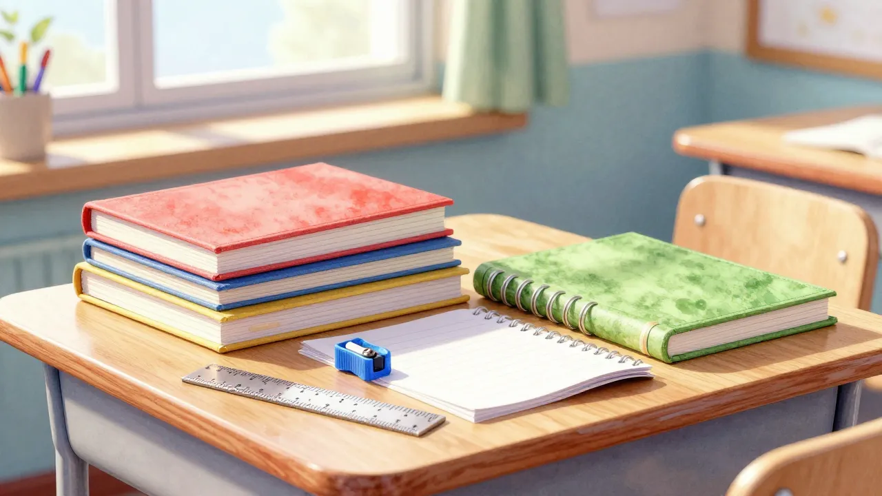 Watercolor style. A bright classroom desk with a stack of co...