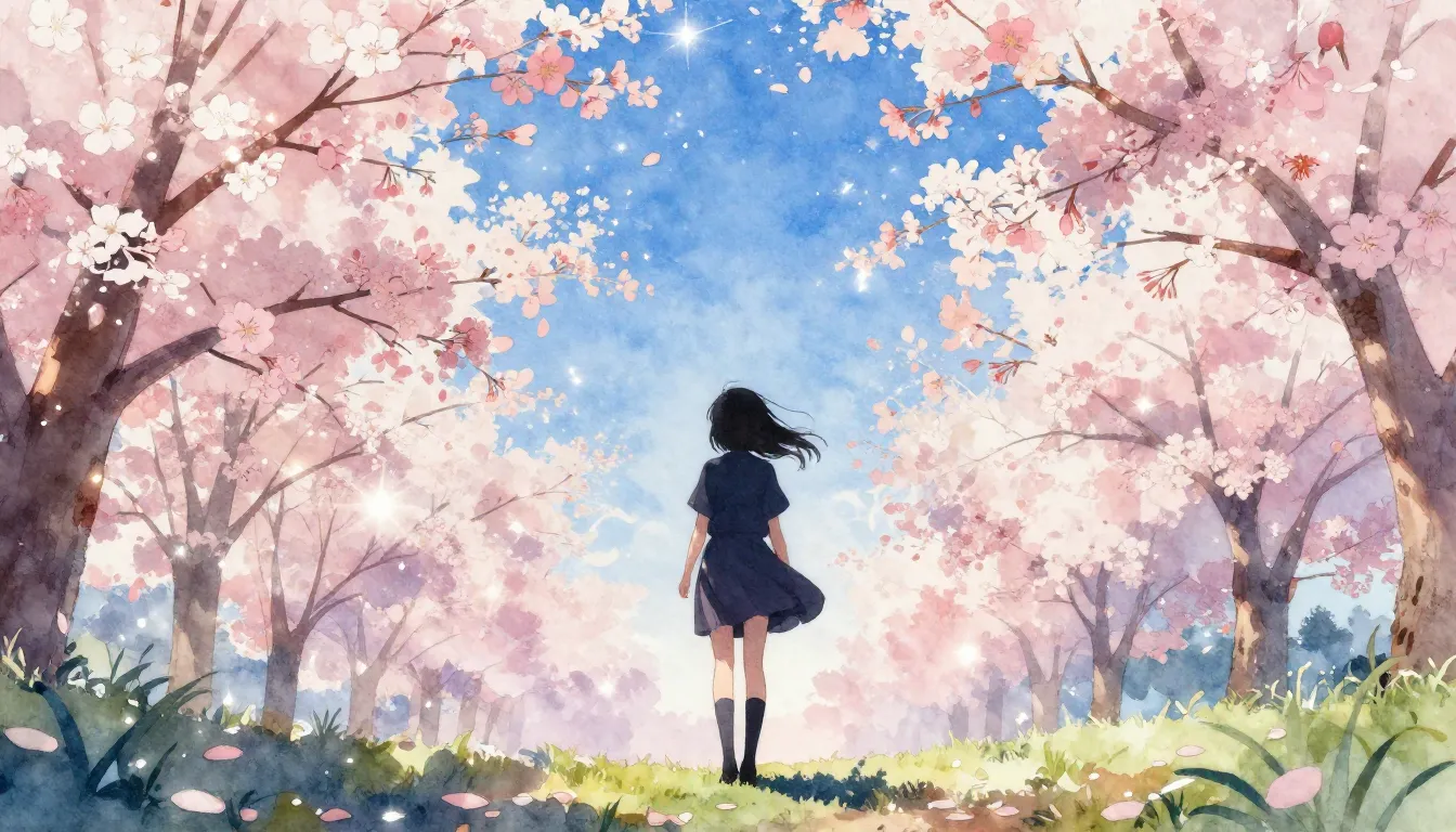 Watercolor style. Silhouette of a girl standing in a field o...